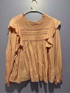 Peach Smocked Ruffle-Trim Long-Sleeve Women's Blouse